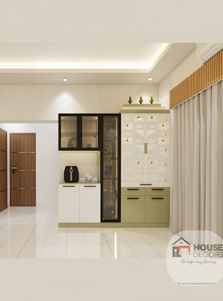 Crockery unit with glass shutters and warm lighting, House Decors, Chennai