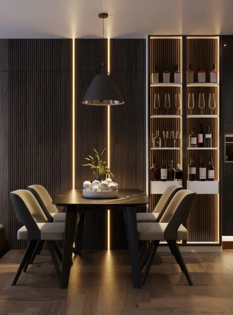 Dining area with crockery display, wooden panels and pendant light by House Decors, Chennai