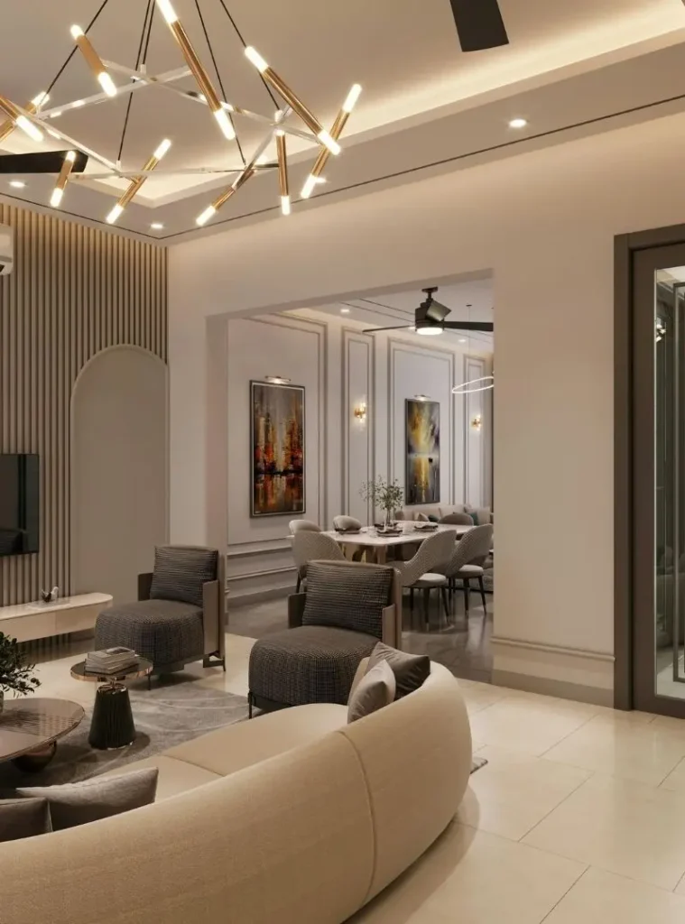 Living room with chandelier and sofa seating, House Decors, Chennai
