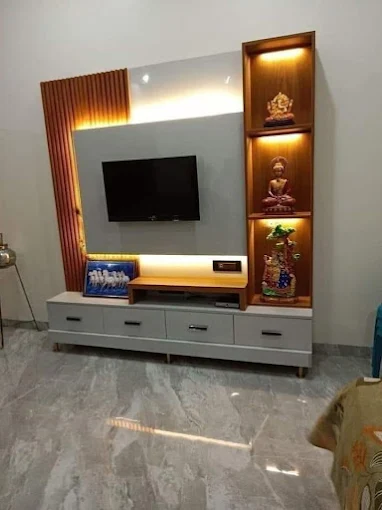 TV showcase unit interior designed by House Decors in Chennai