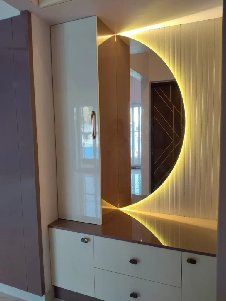 Dressing unit with a half-moon mirror, LED-lit fluted panel, tall cabinet and drawers, House Decors, Chennai